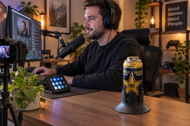 Adult livestreamer reaching for audio mute control with opened sparkling-water can in Steadi on clear streaming desk corner outside control reach and cables. AI illustration.